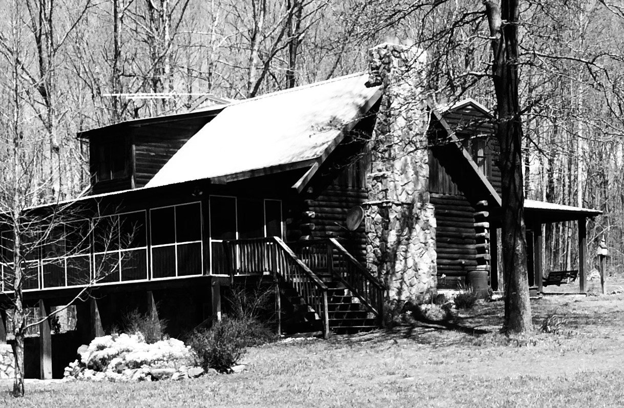 Black and white photograph of a log cabin in bare winter woods