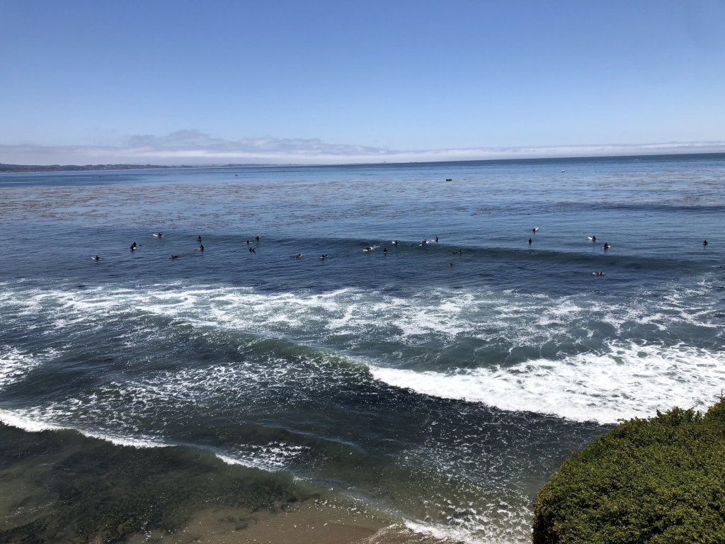 Surfers waiting beyond the break on a blue ocean seen from a bluff